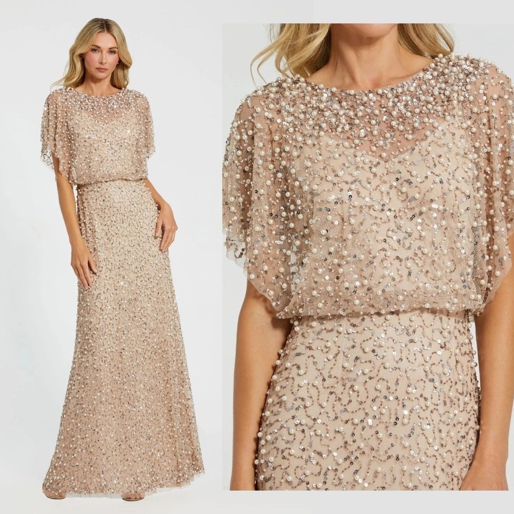 Mac‎ Duggal Beige High Neck Short Sleeve Embellished Gown $698 - Size 10